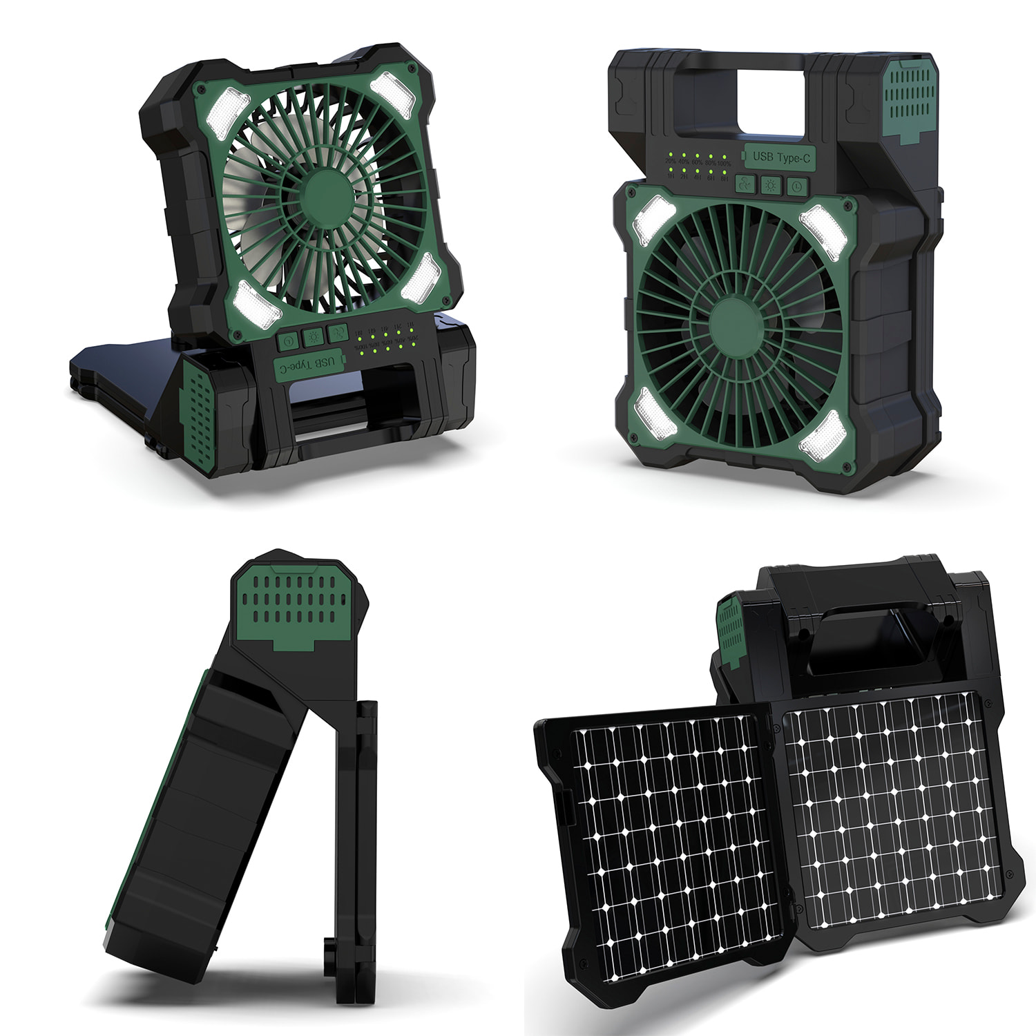 Ventilatore a 5 velocità con pannelli solari doppi, funzione antizanzare, timer, luce LED con 3 intensità, 80lm e power bank da 5200mAh.