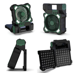 Ventilatore a 5 velocità con pannelli solari doppi, funzione antizanzare, timer, luce LED con 3 intensità, 80lm e power bank da 5200mAh.