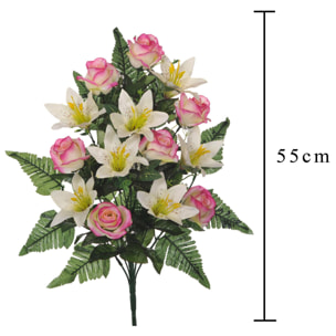 Bouquet Frontale Composto Da 14 Rose E Lilium. Altezza 55 Cm - Pezzi 3 - 34X55X14cm - Colore: Rosa - Bianchi Dino - Fiori Artificiali