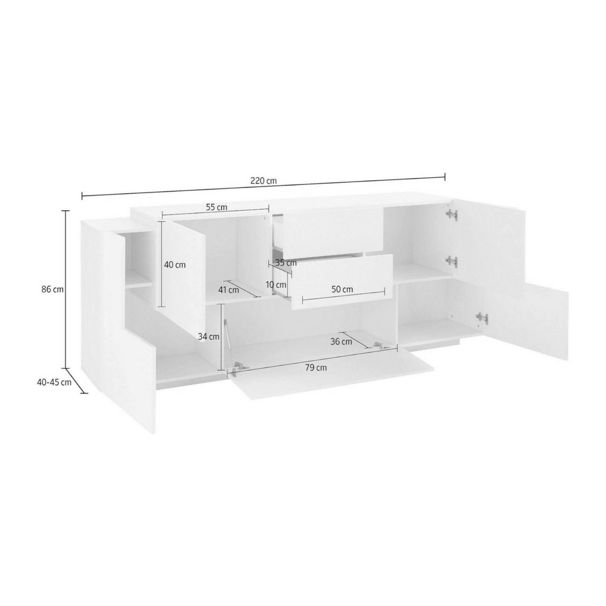 Credenza Cesare, Madia da cucina a 5 ante e 2 cassetti, Buffet da soggiorno, Madia da cucina, 100% Made in Italy, cm 220x45h86, Bianco lucido