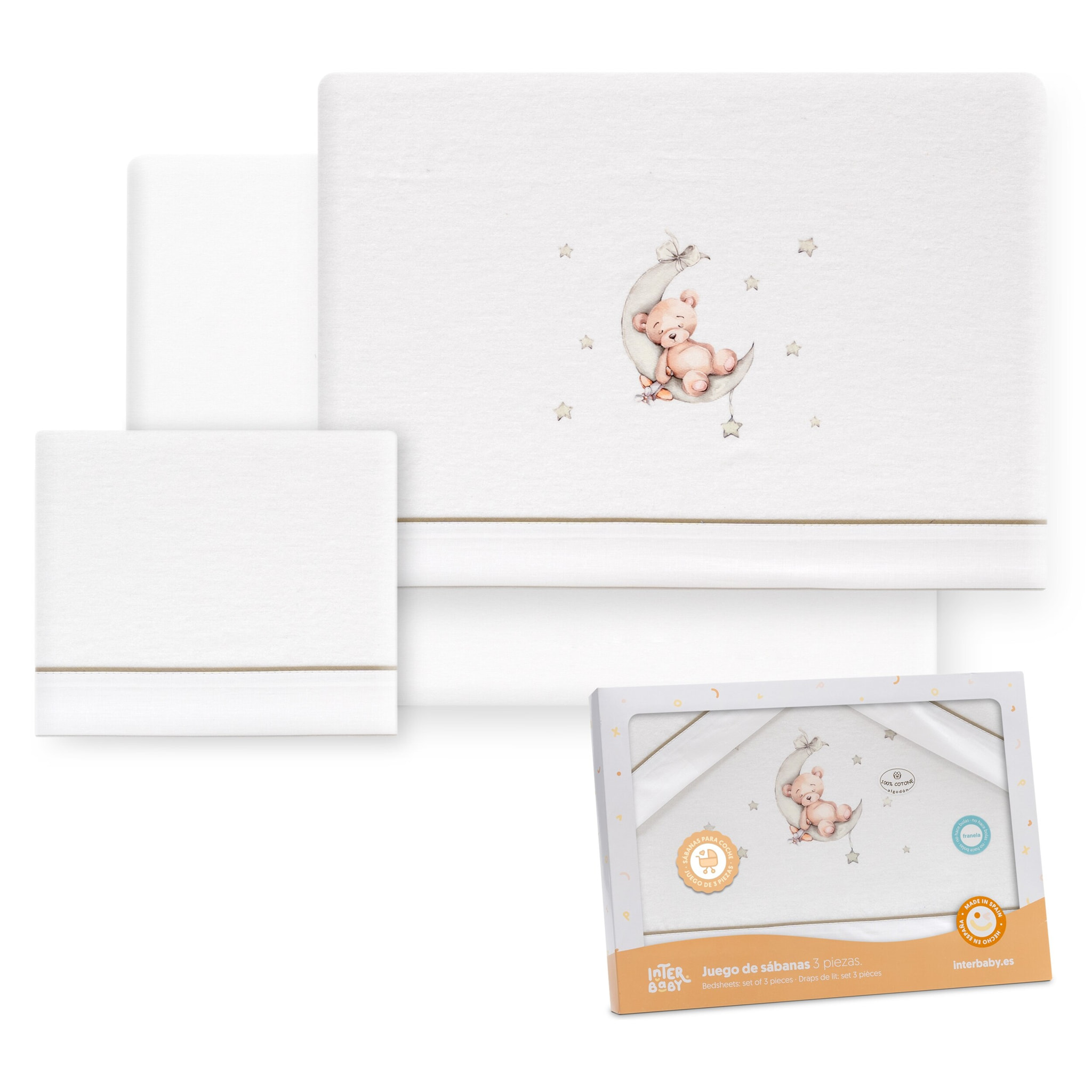 Triptico Coche Franela Estampado Oso Luna Estrellas Bco/Verde