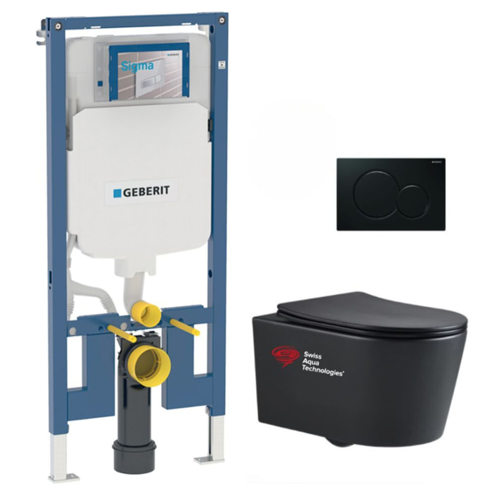 Pack WC Bati-support Geberit UP720 slim + WC sans bride Swiss Aqua Technologies + plaque noire mat (SLIMBLSATA)