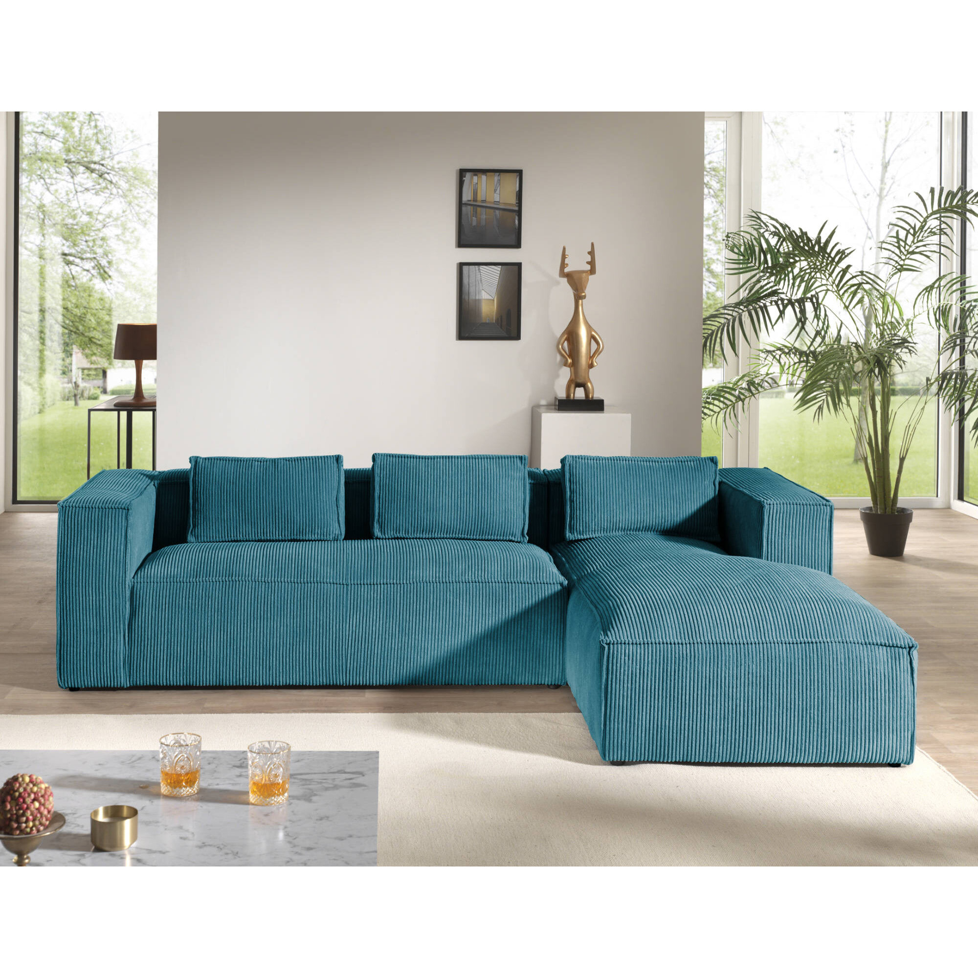 Stella - canapé d'angle droit en velours côtelé - 4 places -style contemporain - Bleu canard