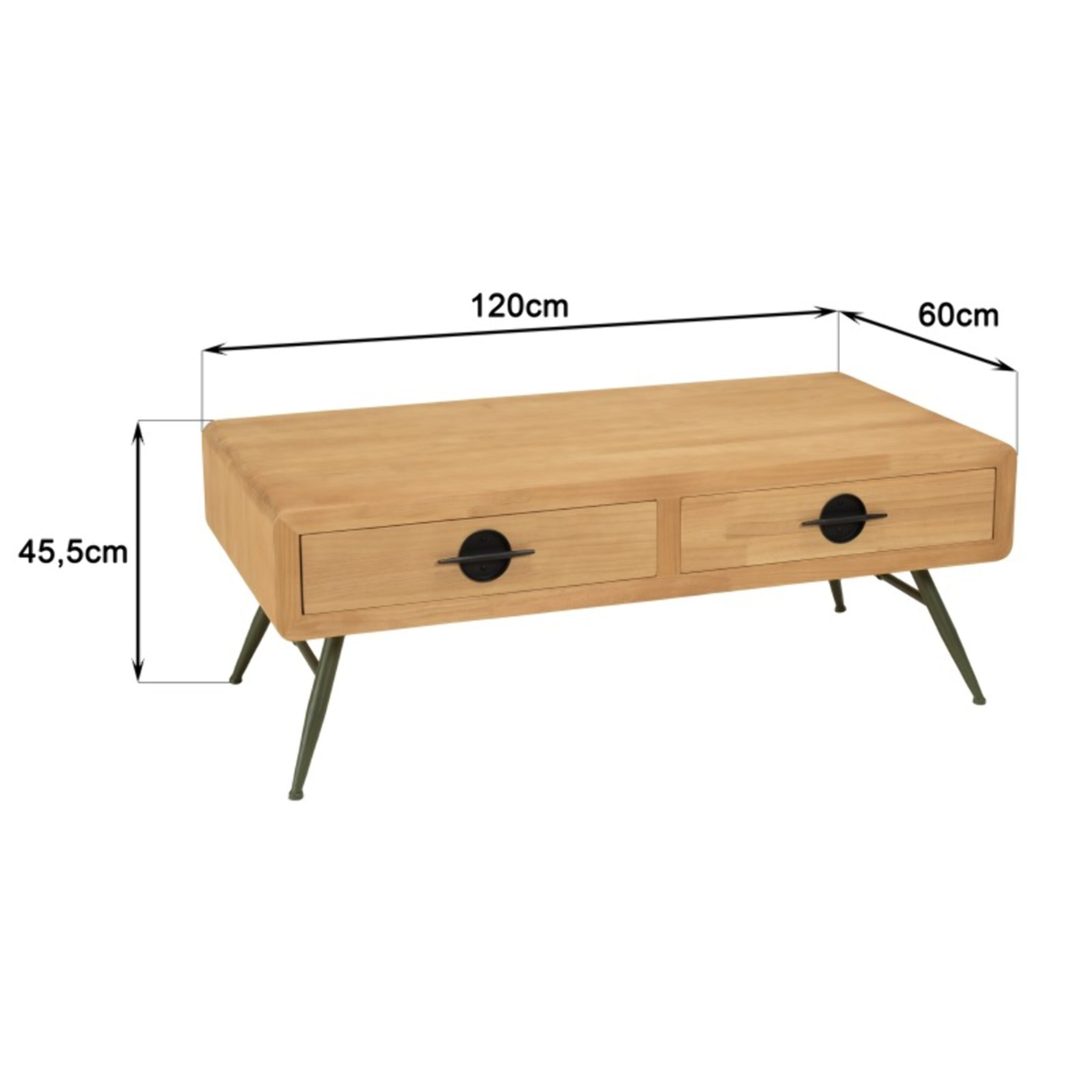 HELENA - Table basse 2 tiroirs pin couleur naturelle pieds métal vert