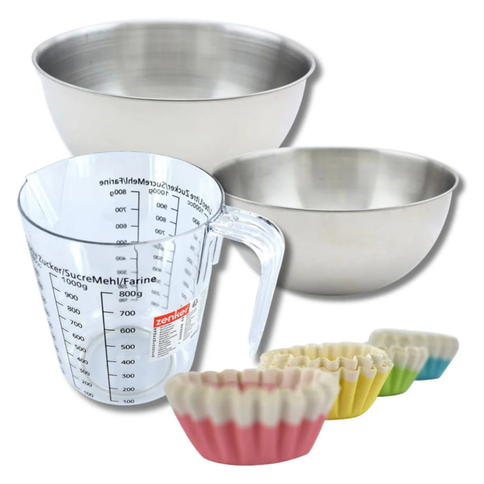 Set pâtisserie avec 100 moules à muffins en papier, 2 bols à mixer, verre mesureur et spatule Zenker
