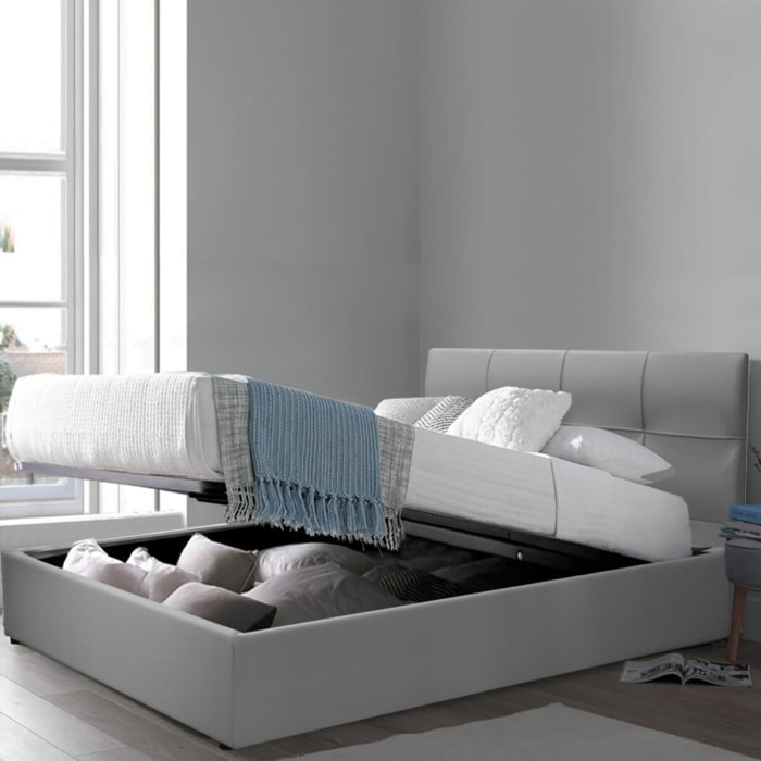 Lit coffre Macao avec tête de lit | Espace de Stockage jusqu'à 900 L | Robuste et Large Angle d’Ouverture | Simili Cuir | Gris