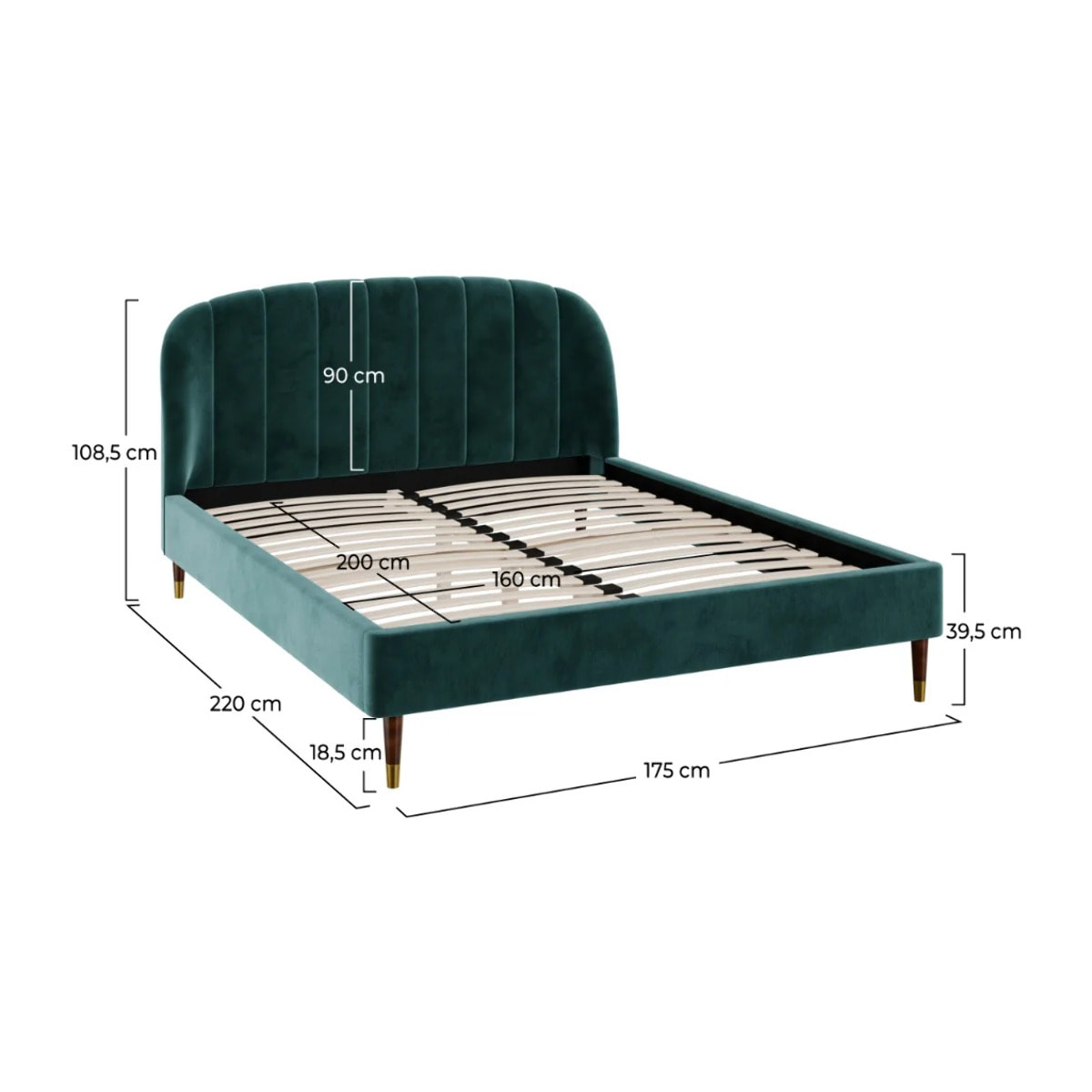 Lit double 160x200 cm en velours vert et pieds doré - Gala