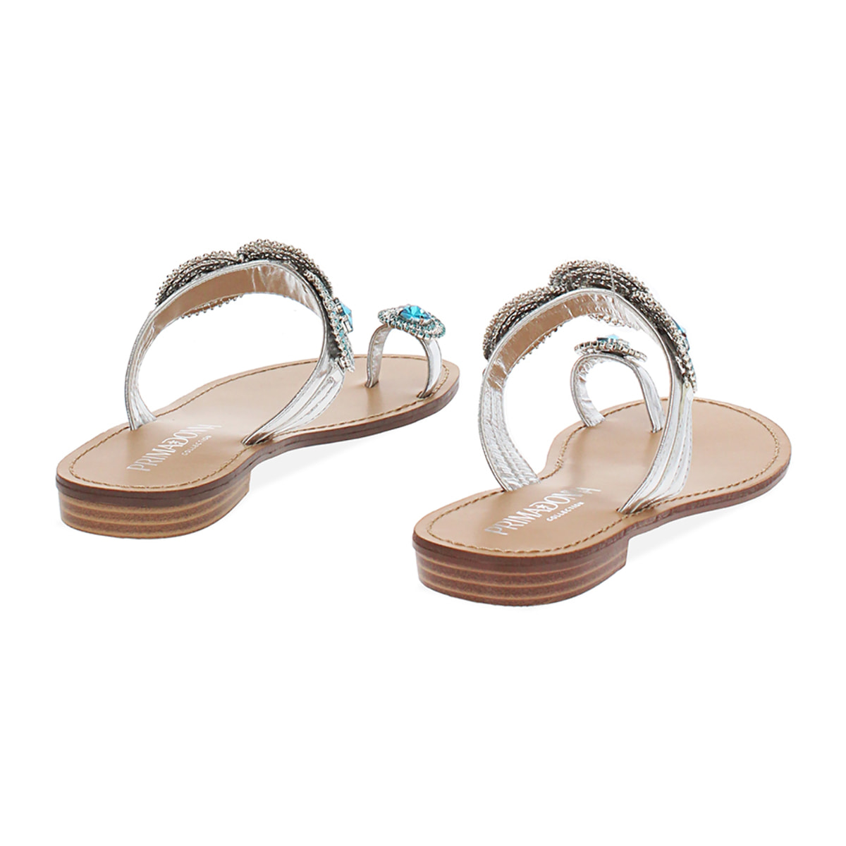 Sandali bassi donna argento con pietre blu in laminato