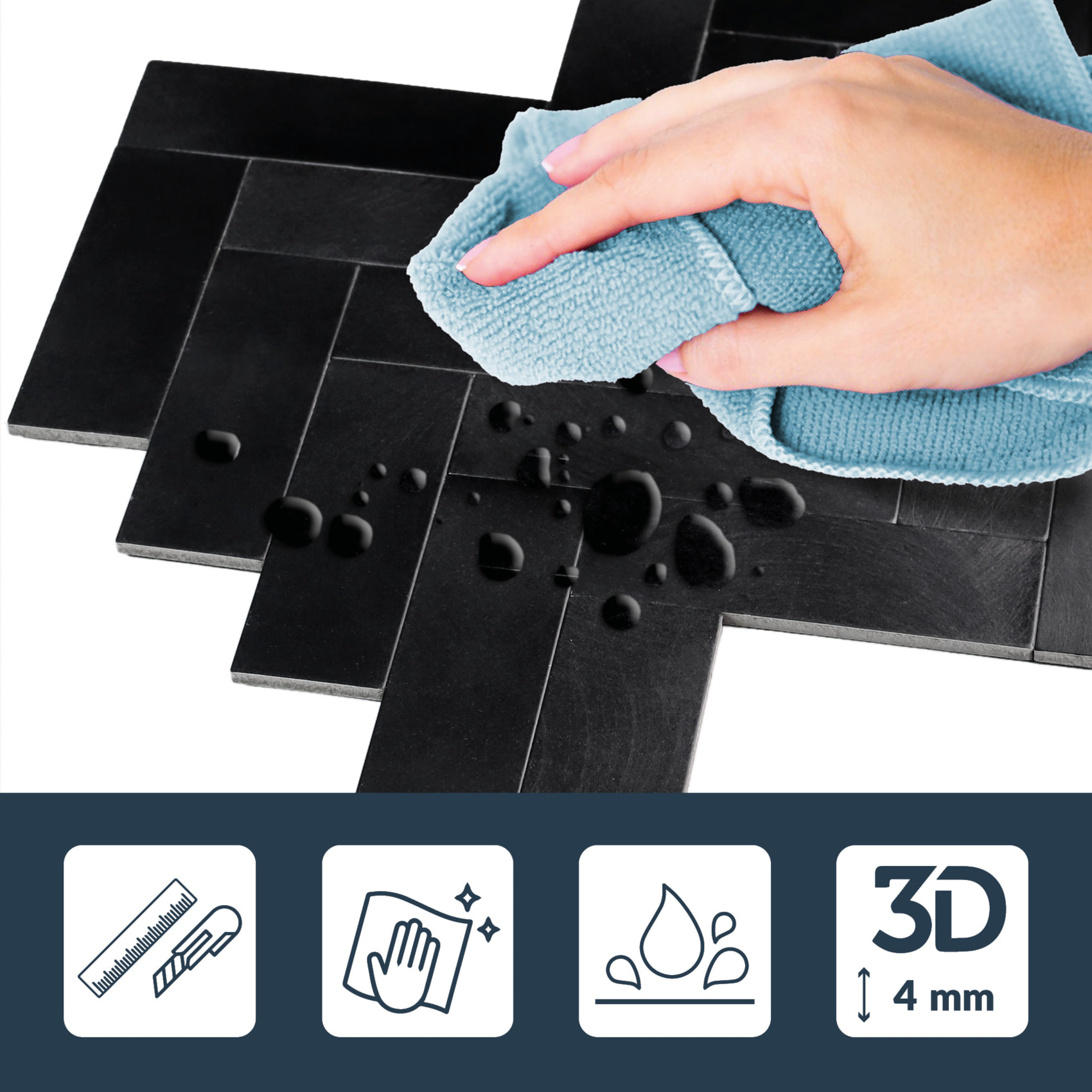 Crédence adhésive murale 3D  - Effet chevron 4 pièces - Noir