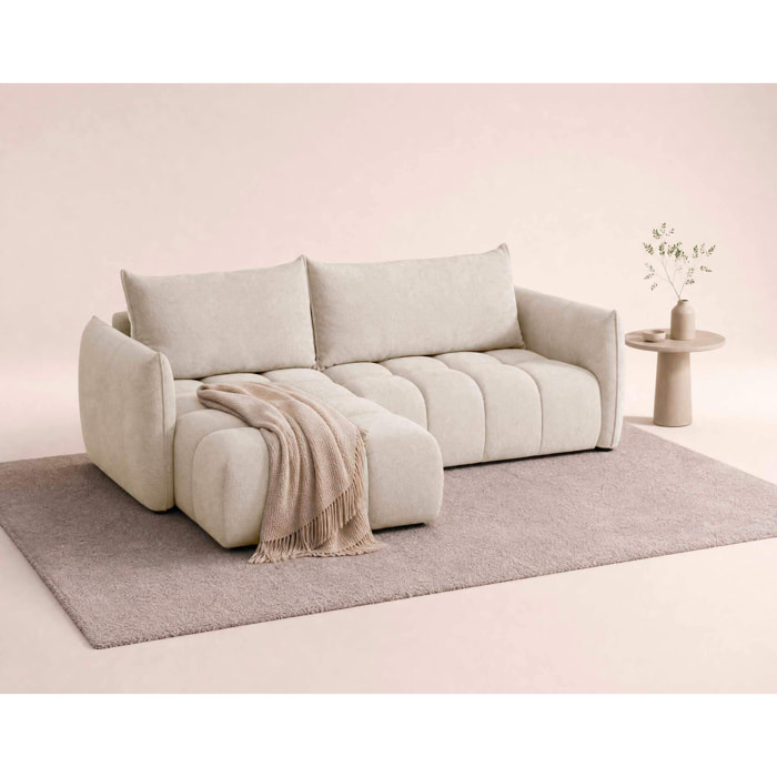 Ambroise - Canapé d'angle gauche 4 places convertible avec coffre en velours texturé - Beige