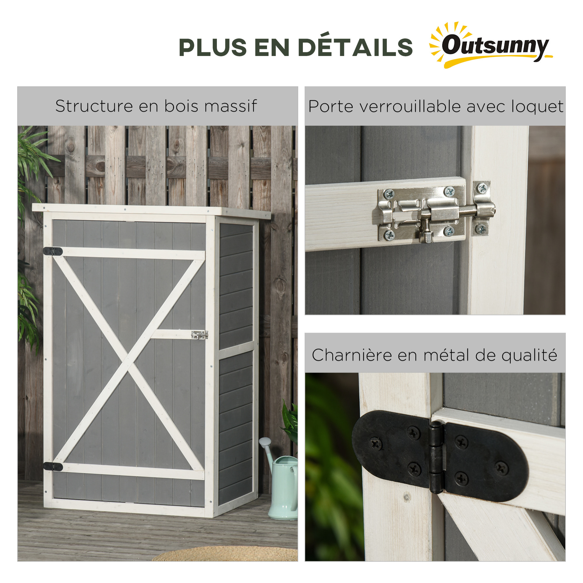 Armoire abri de jardin remise pour outils - grande porte verrouillable loquet - 2 étagères - toit bitumé incliné bois de sapin blanc gris