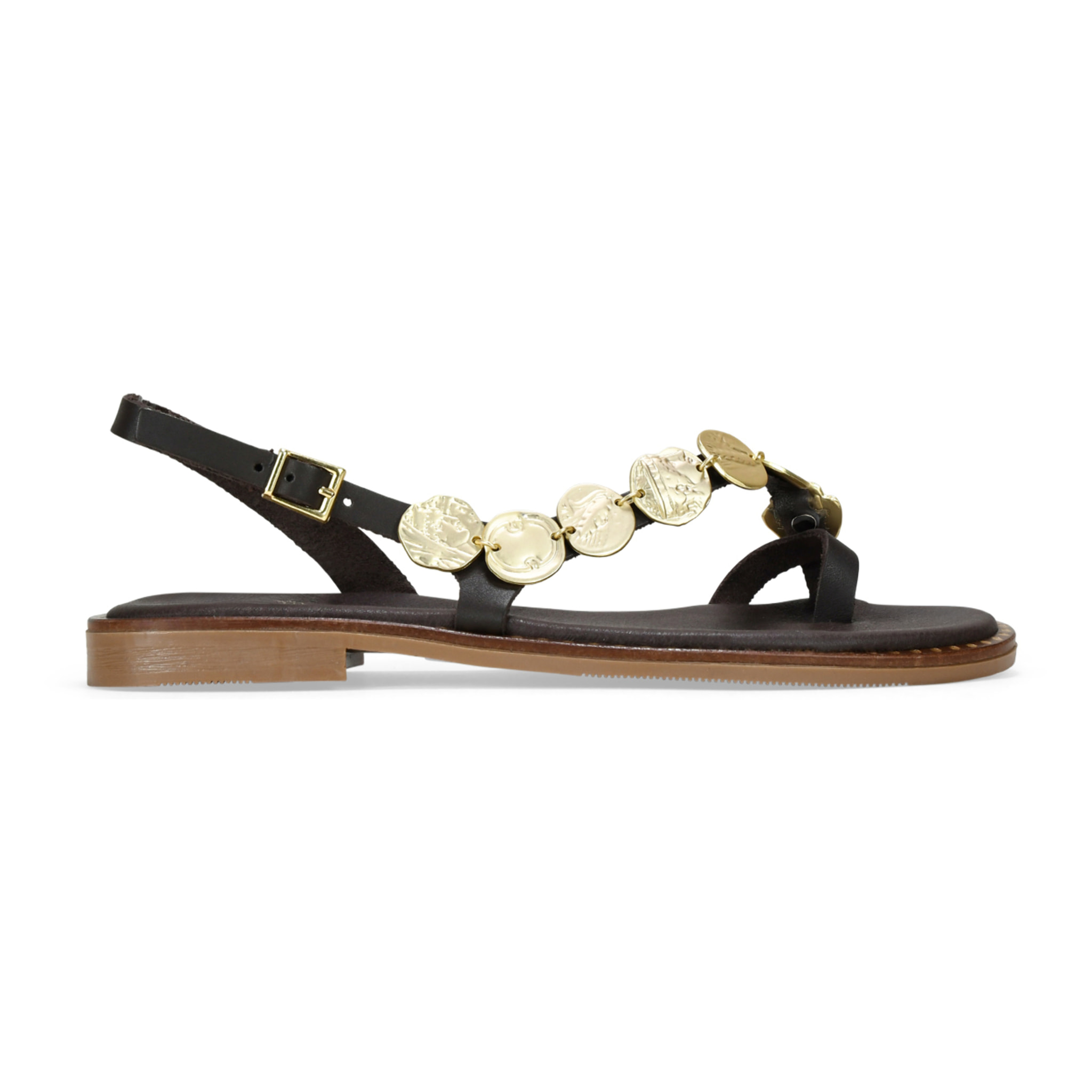 Sandalias de piel marrones con monedas metálicas