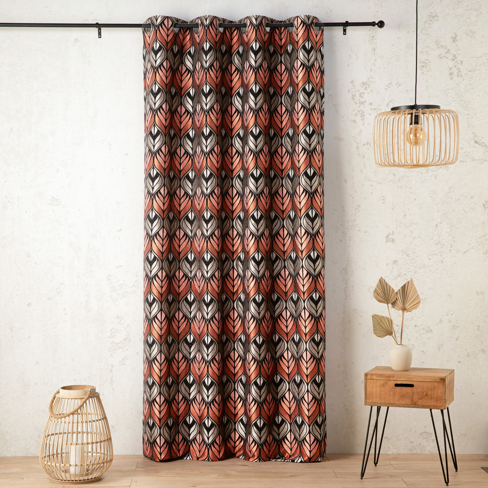Rideau motif art déco  - Effet velours à oeillets - Orange corail