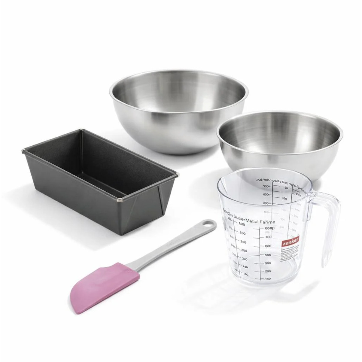 Set pâtisserie avec mini moule à cake, bols à mixer, verre mesureur et spatule Zenker