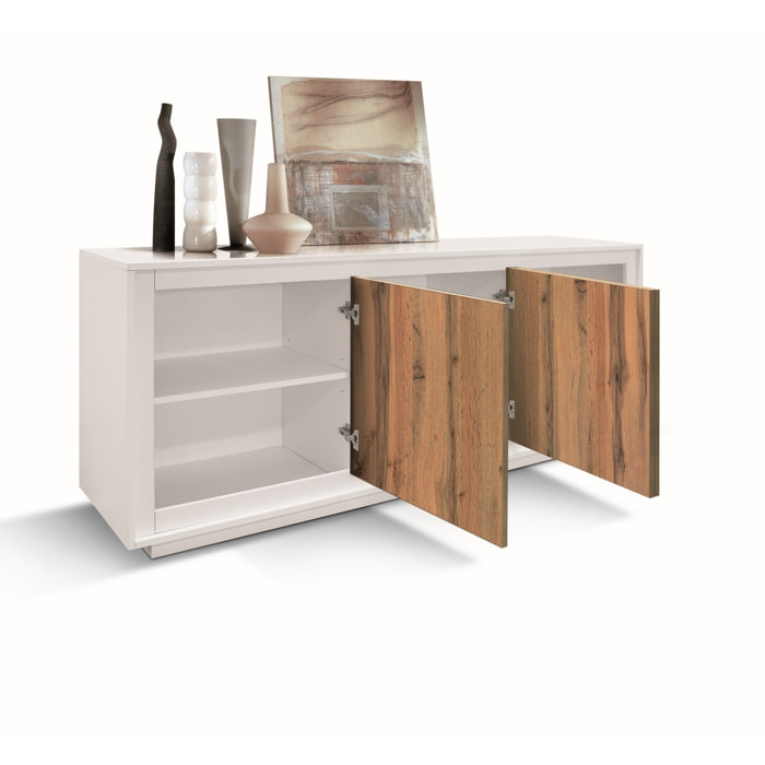 Credenza LAMPEDUSA in legno, finitura bianco frassinato, ante finitura rovere rustico, 180x50 cm