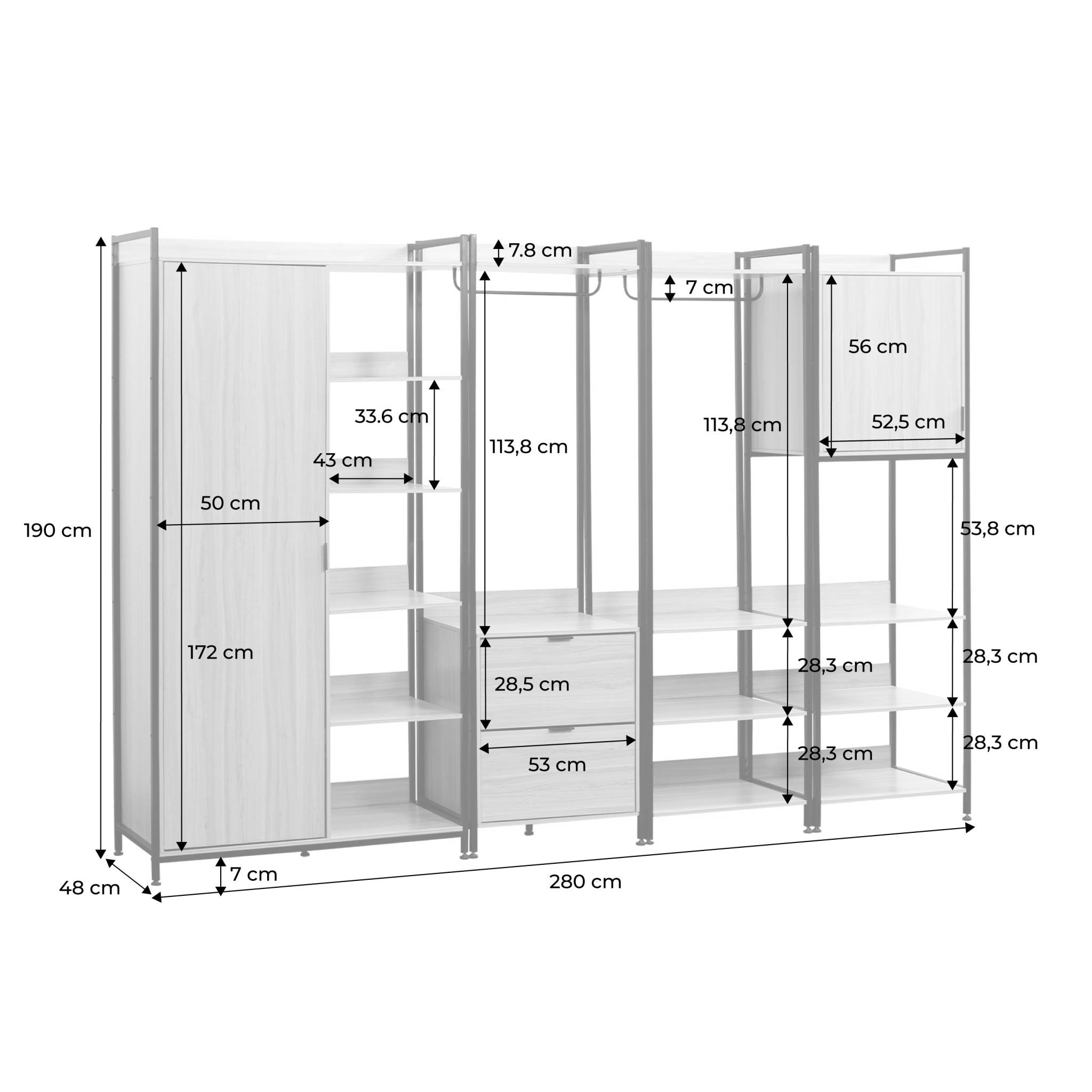 Kit dressing modulable noir avec 4 éléments. L 280 x P 48 x H 190 cm