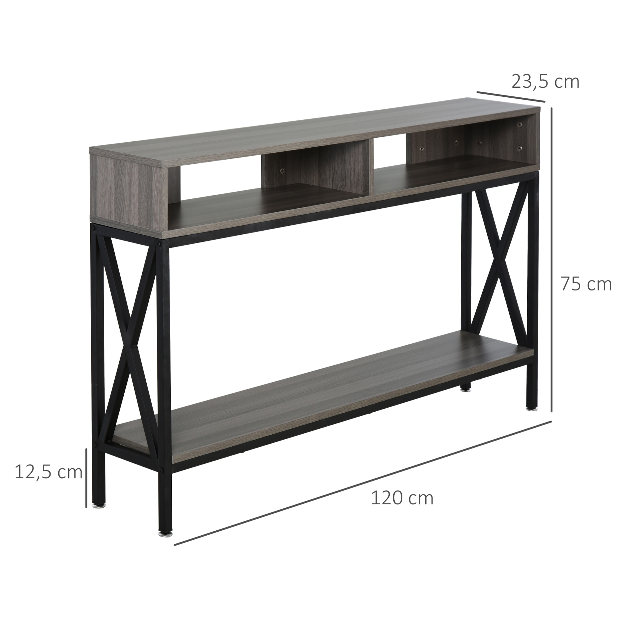 Table Console Table d'Entrée Industriel Multi-rangements 120 x 23,5 x 75 cm Bois Gris