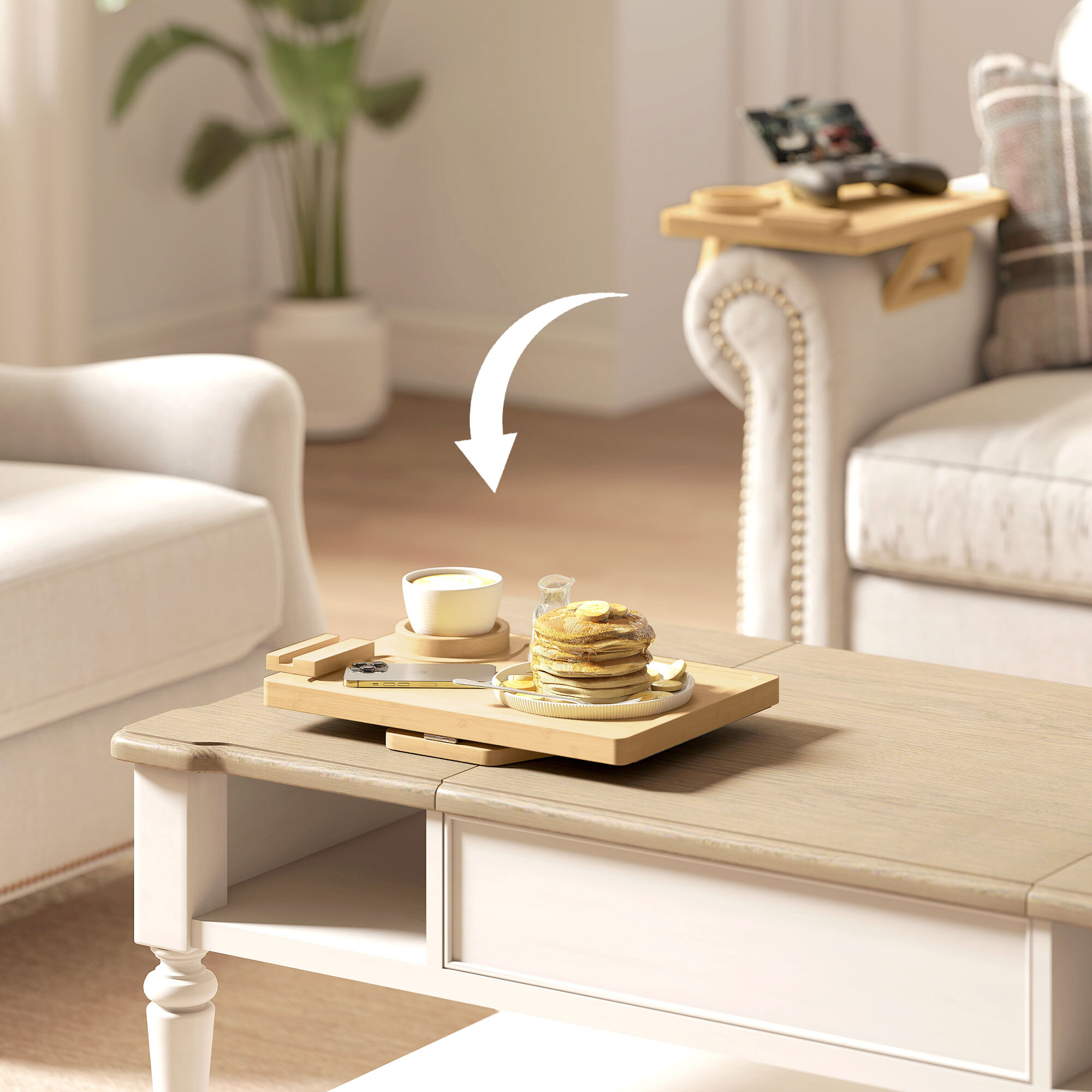 Bandeja para Reposabrazos para Sofá Flexible de Bambú, Bandeja de Brazo para Sofá con Portavasos Extraíble, Mesa Lateral con Bisagras y Soporte Giratorio 360° para Teléfono, Aperitivos, Bebidas