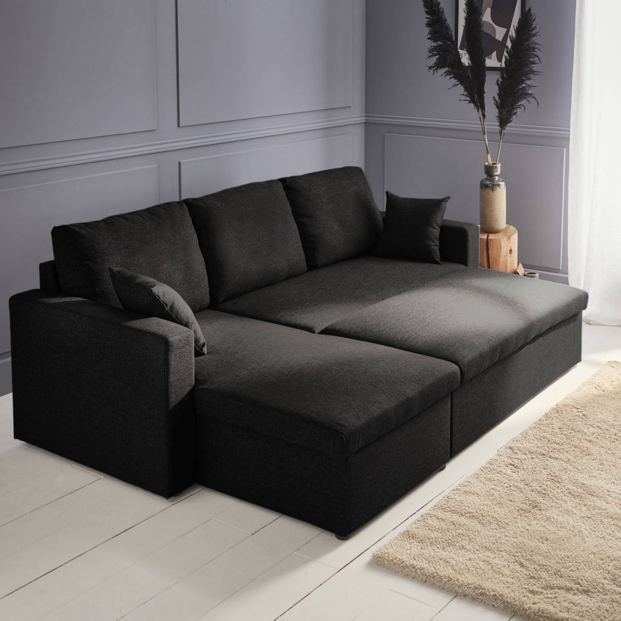 Canapé d'angle convertible en tissu noir - IDA - 3 places. fauteuil d'angle réversible coffre rangement lit modulable