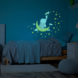 Sticker phosphorescent lumineux - ÉLÉPHANT ET LAPIN ATTRAPENT LES ÉTOILES + 110 ÉTOILES