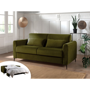 Owen - canapé lit 3 places convertible express couchage quotidien 140 cm matelas 12 cm en velours - Vert Olive