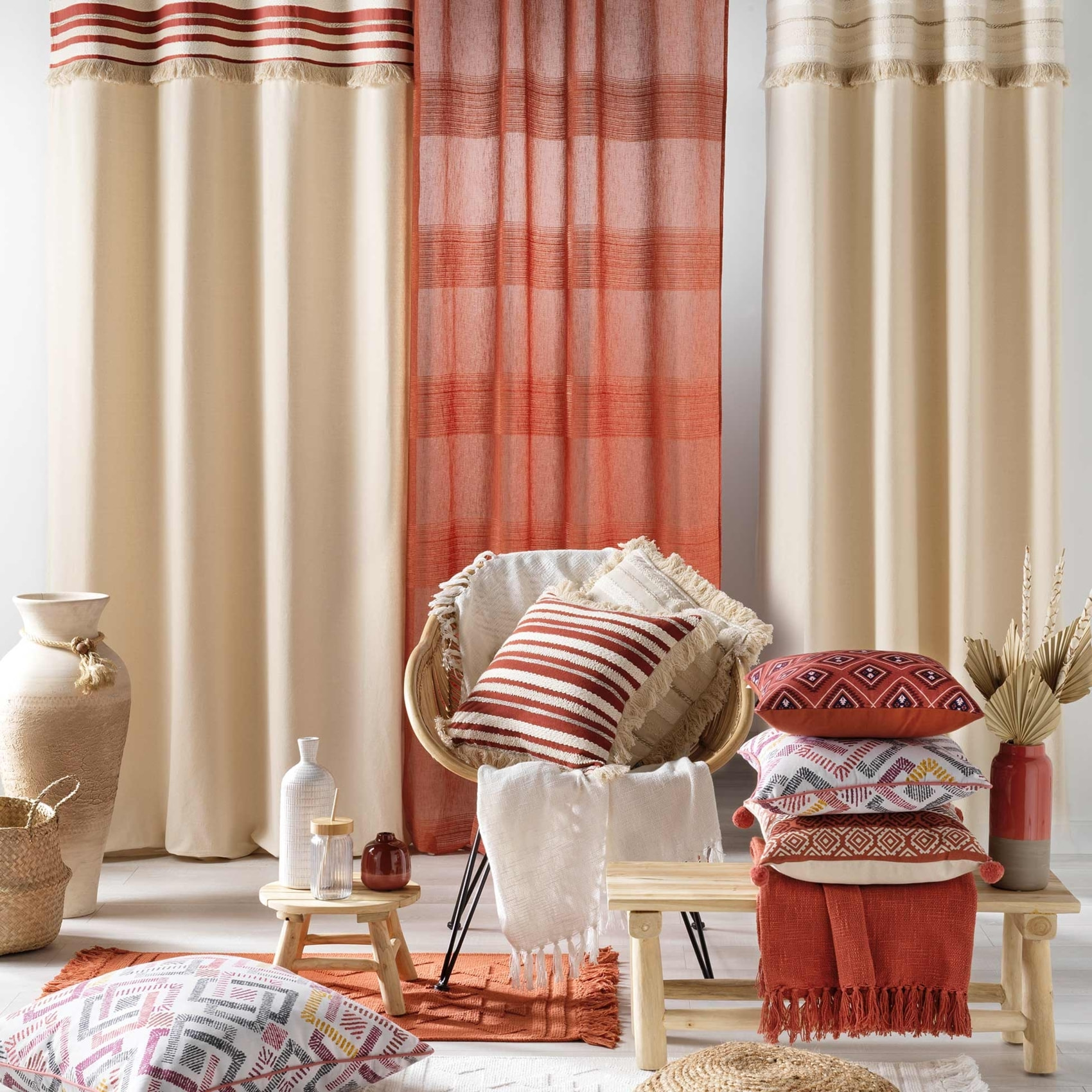 Rideau au top tissé et frangé - Terracotta