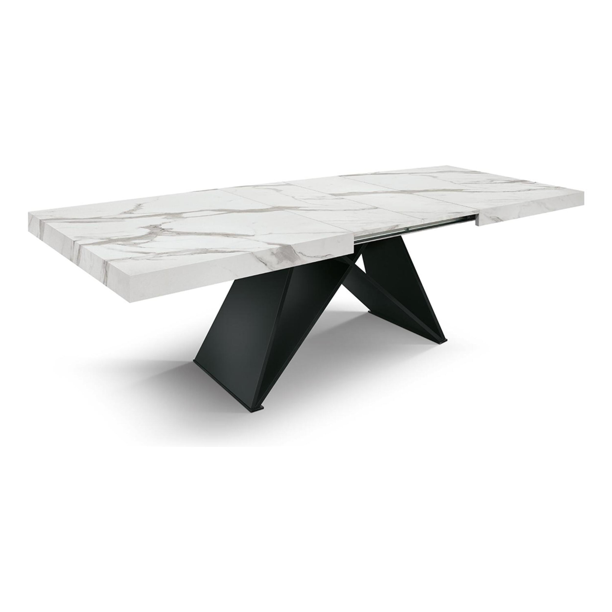 Tavolo VULCANO in legno, finitura bianco statuario e base in legno mdf nero, allungabile 160x90 cm - 240x90 cm