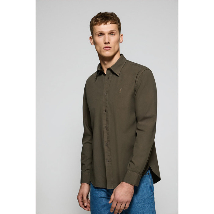 Camicia verde scuro in popeline garment dye con ricamo Rigby Go