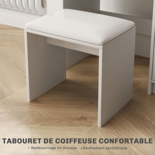 Ensemble coiffeuse miroir avec tabouret - porte, tiroir, 4 étagères, niche - blanc