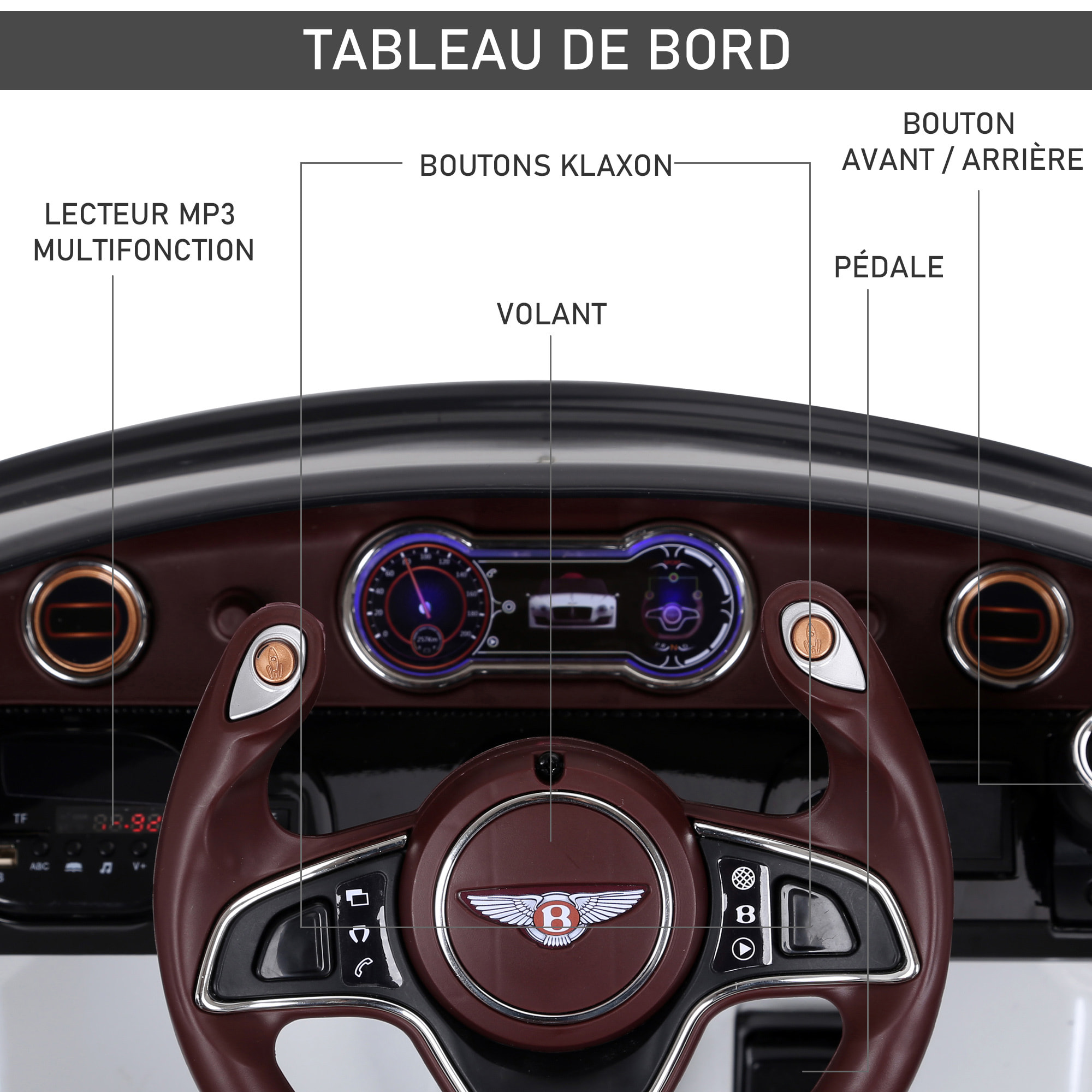 Véhicule électrique enfants 2 moteurs 108L x 60l x 43H cm télécommande effets sonores + lumineux blanc Bentley