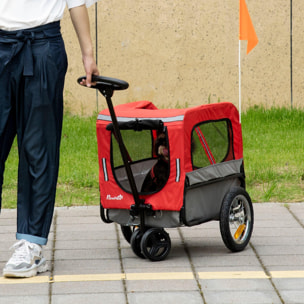 Remolque de Bicicleta para Perros 2 en 1 Carrito para Perros de Acero con Cinturón de Seguridad Mango de Empuje Extraíble Bandera y Reflectores 129x55,5x92 cm Rojo