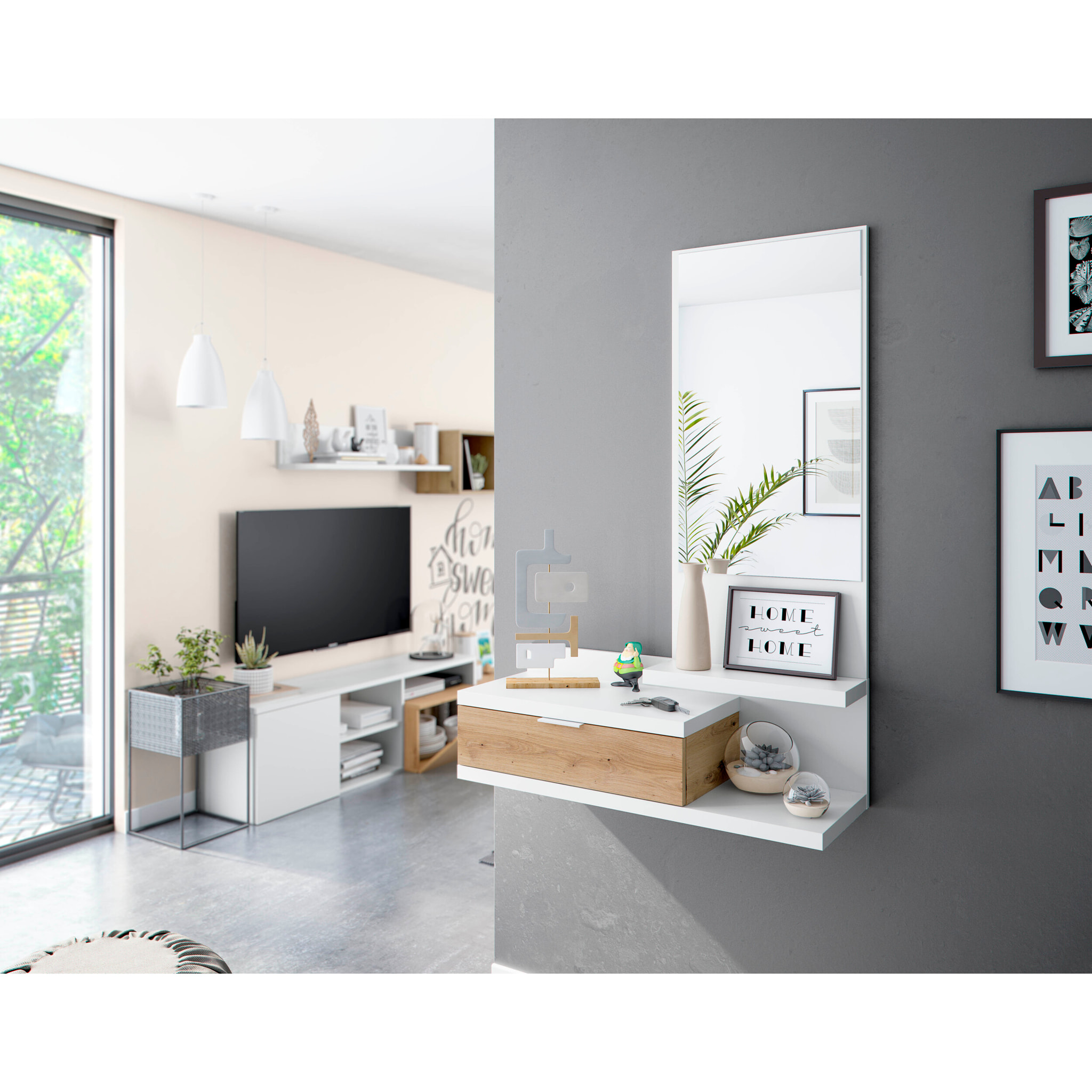 Mobile Ingresso Con Cassetto Specchio E Mensola Design Moderno Salvaspazio Ideale Per Ingresso Soggiorno Con Stile 81x116x29 Cm Bianco E Rovere