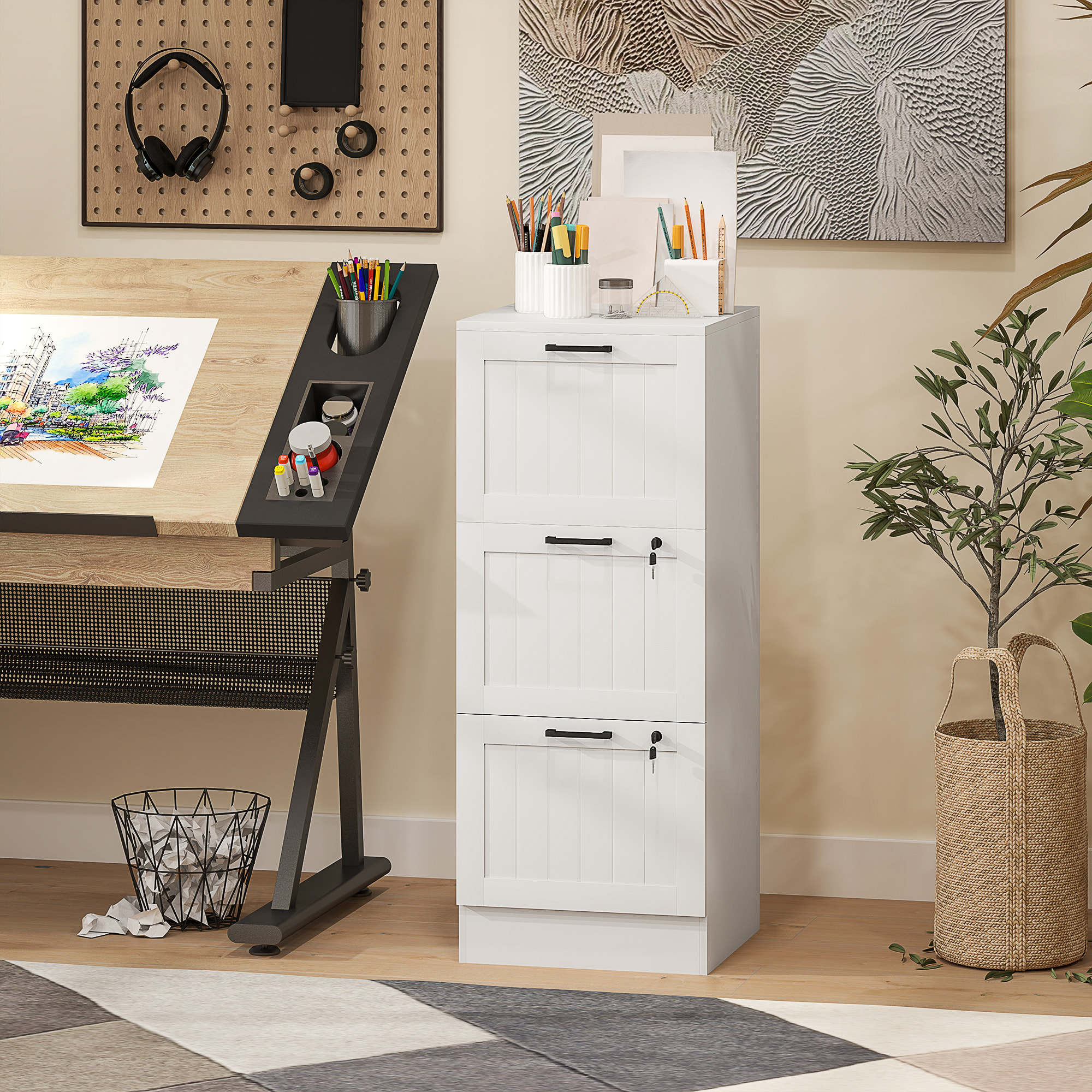 Caisson bureau 2+1 tiroir verrouillable dossiers suspendus dim. 40x40x101cm MDF blanc