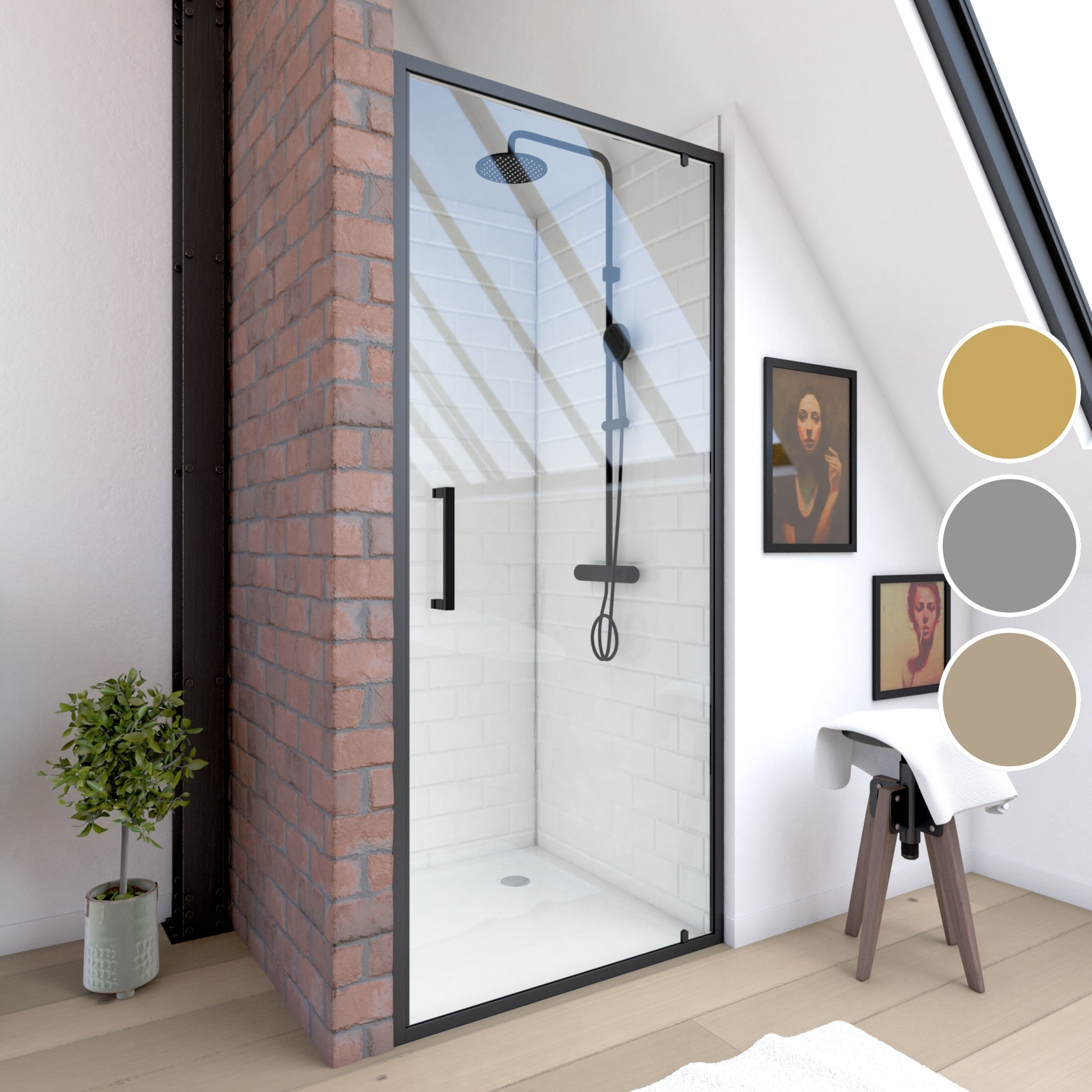 Porte de douche pivotante - 90x200 cm - Profilés Noir Mat - verre trempé 6 mm - CRUSH