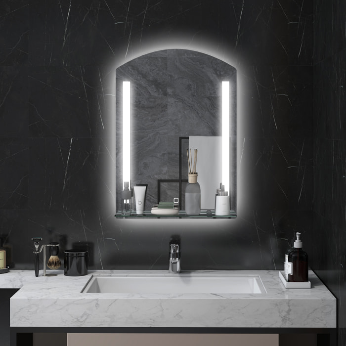 Espejo de Baño con Luces LED 70x50 cm Espejo para Baño con Interruptor Táctil Iluminación Regulable Función de Memoria y Estante de Vidrio para Salón Entrada Plata