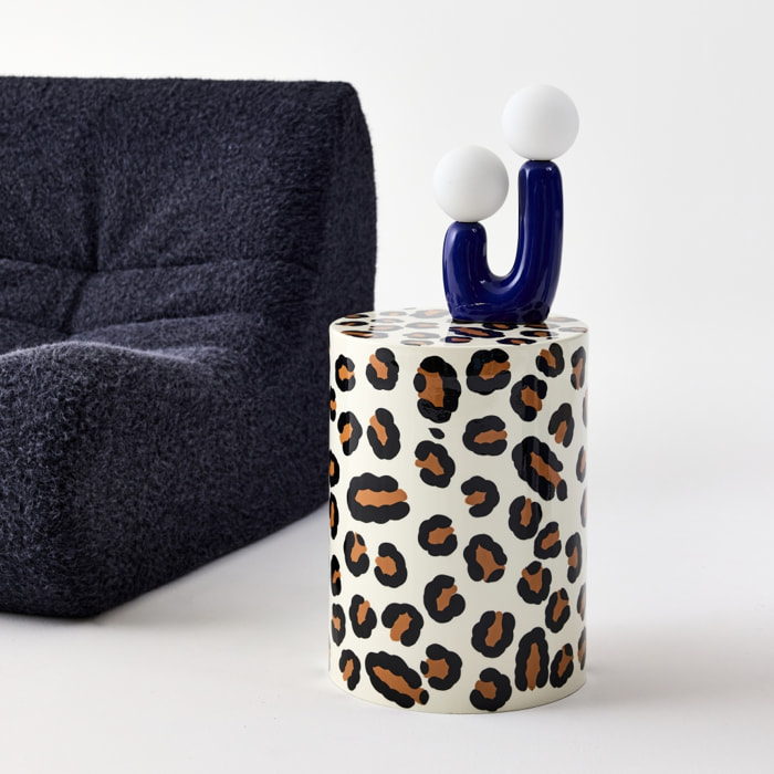 Table d'appoint. bout de canapé. table de chevet acier émaillé.  motif léopard. Ø33 x H 46cm - Noko
