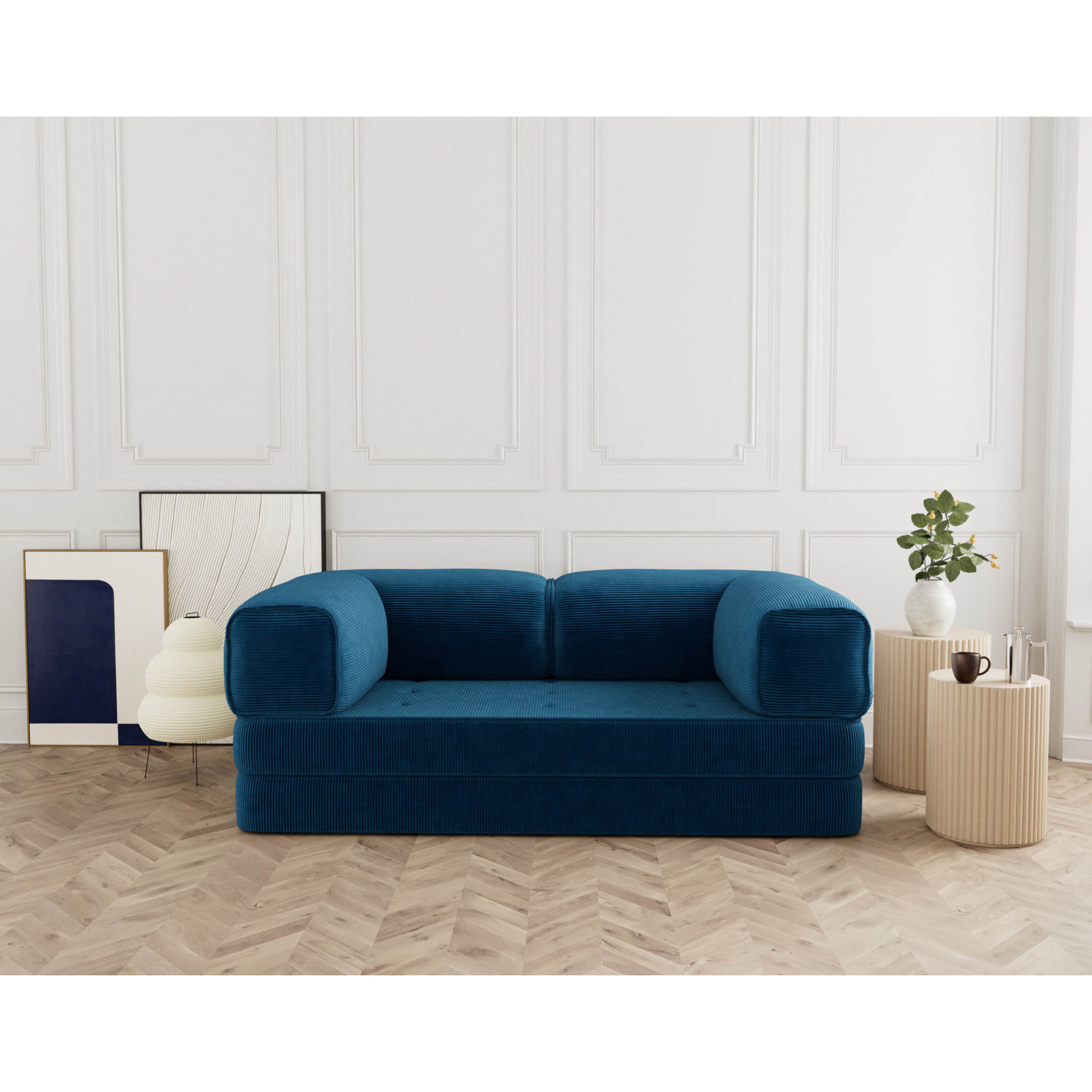 Poppy - canapé 3 places convertible en velours côtelé - Bleu