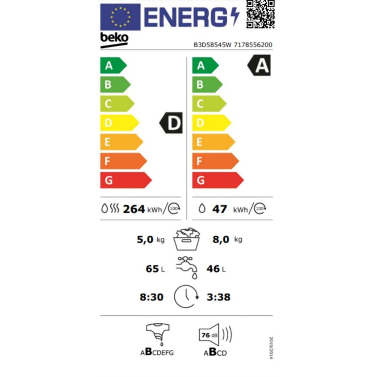 Lave linge séchant hublot BEKO B3D58545W