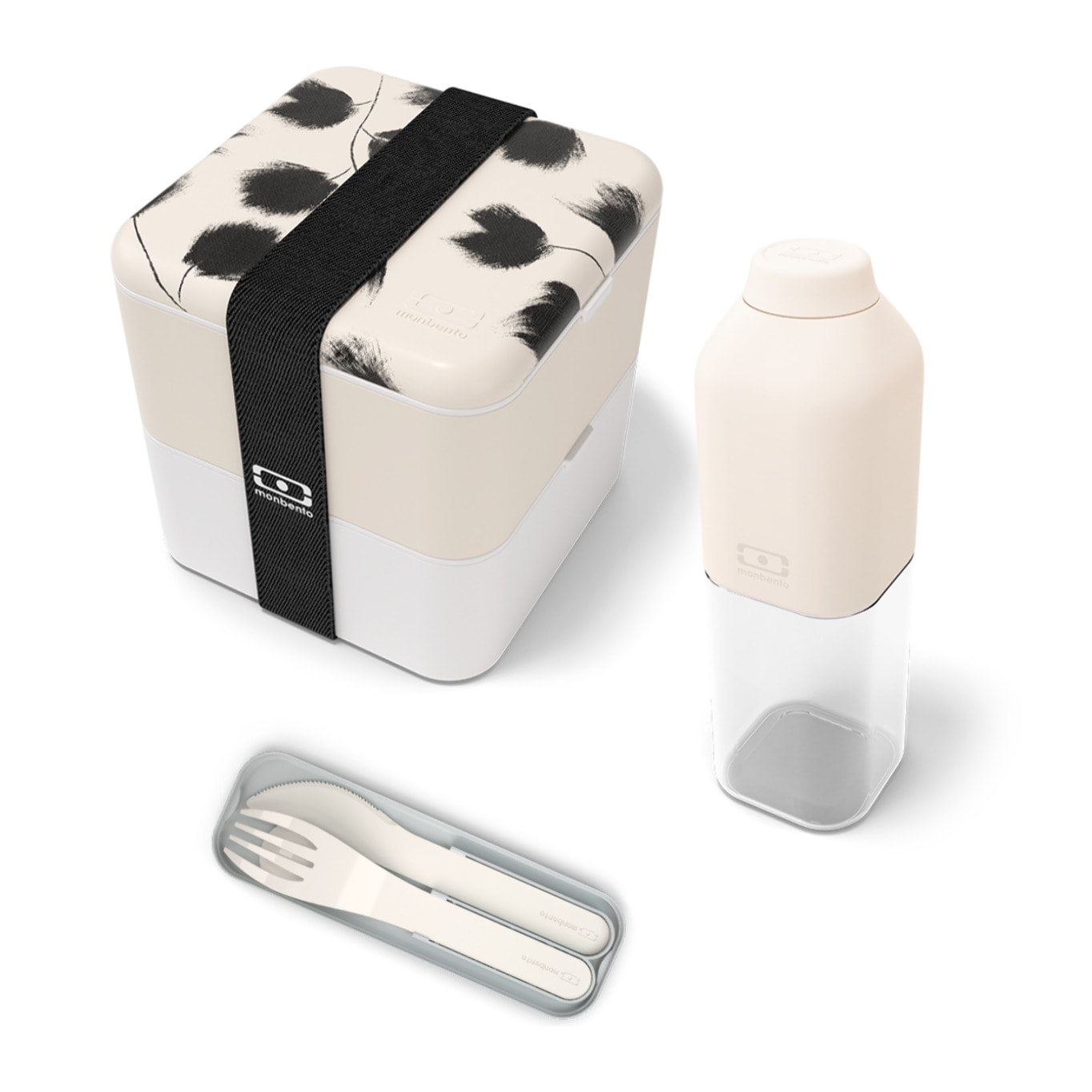 Set lunch box carrée 1,7L Graphic Plume + Couverts + Bouteille 500ml