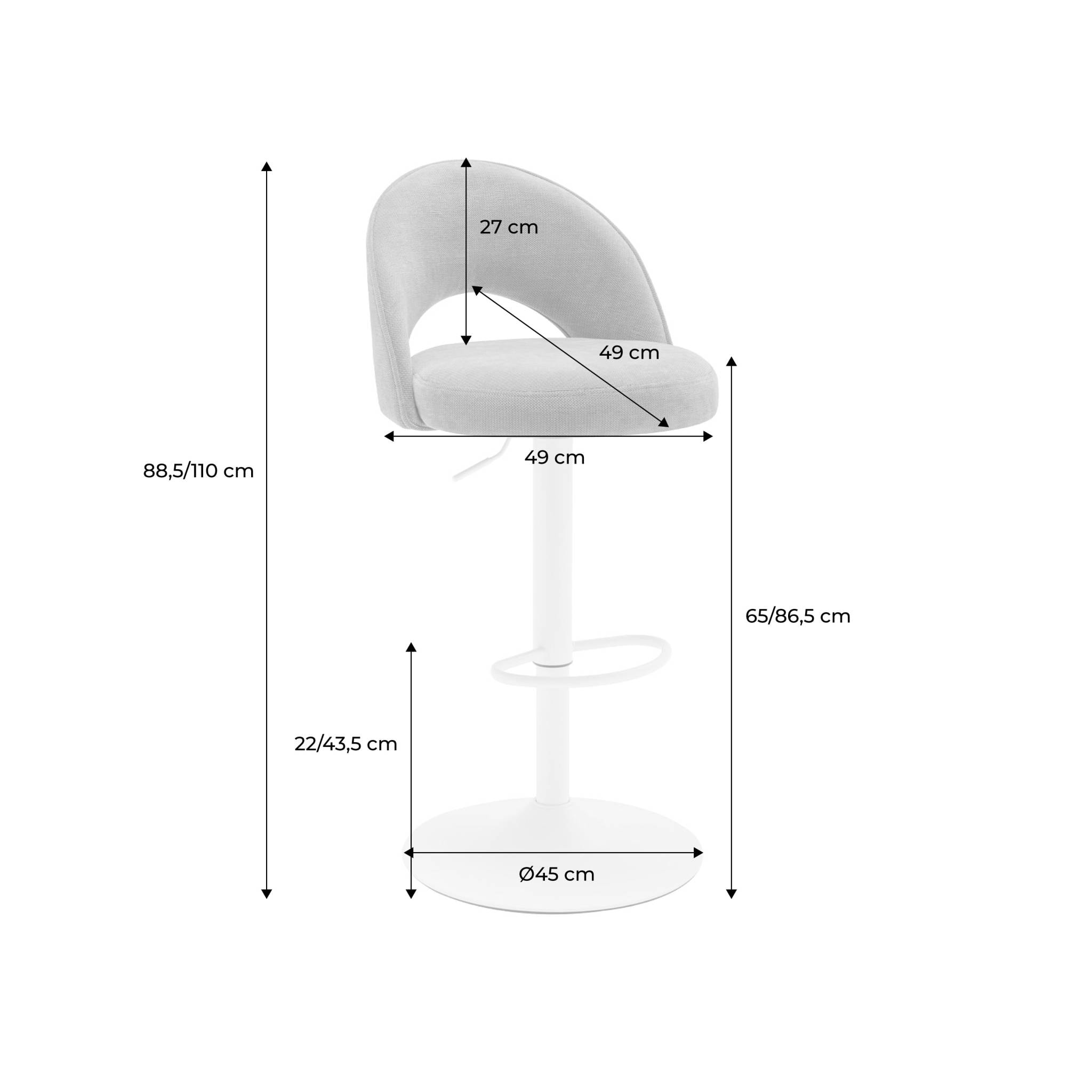 Lot de deux tabourets de bar ajustables métal et tissu blanc cassé. pied blanc - L 49 x P 49 x H 88.5-110cm - Abby