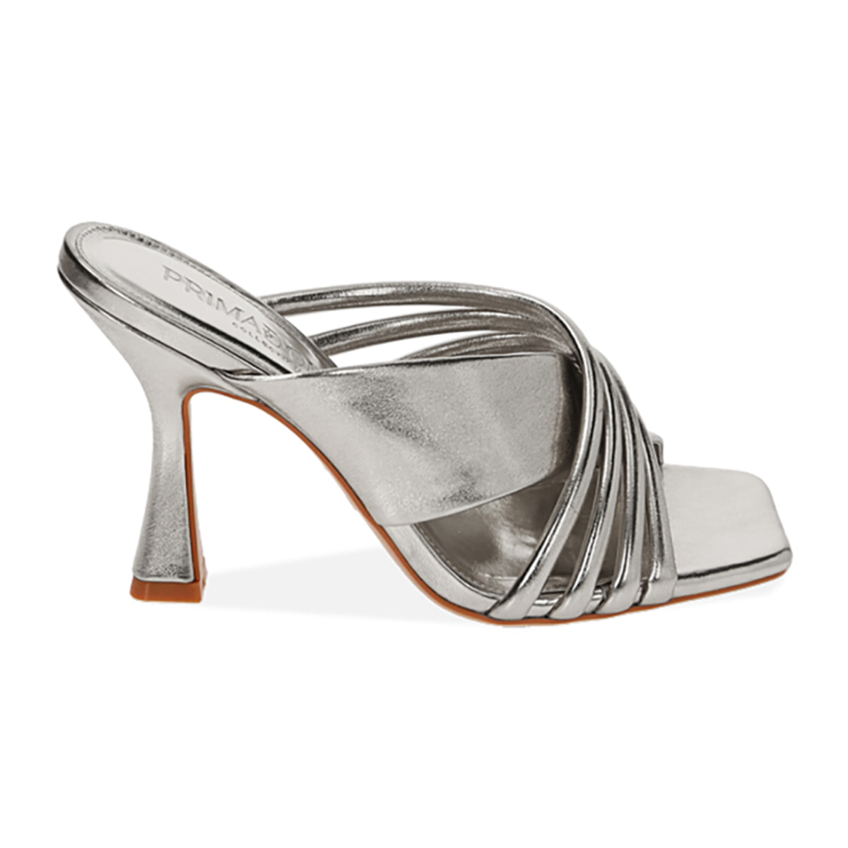 Mules argento laminato, tacco 9,5 cm