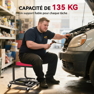 Tabouret d'atelier mobile - tabouret de mécanicien - plateau outils - acier noir synthétique rouge