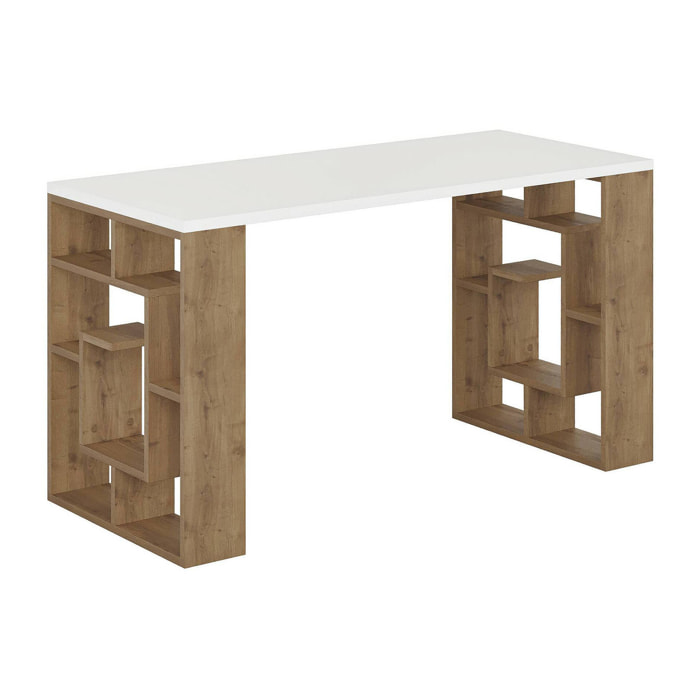 Scrivania Archidamia, Scrittoio multiuso, Tavolo per ufficio porta PC, Piano di lavoro, 140x60 h75 cm, Bianco e Marrone