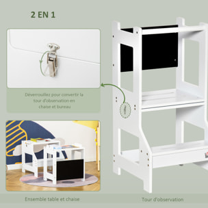 Tour d'apprentissage tableau à craie tabouret bureau 3 en 1 - marches antidérapantes, barreau, hauts rebords de sécurité - MDF blanc noir