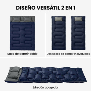 Saco de Dormir Doble Adulto, Ligero, Tamaño Queen para 2 Personas 3 Estaciones, Saco de Dormir Rectangular con 2 Almohadas y Bolsa Transporte, para Días Fríos, Acampar, Senderismo Azul Oscuro
