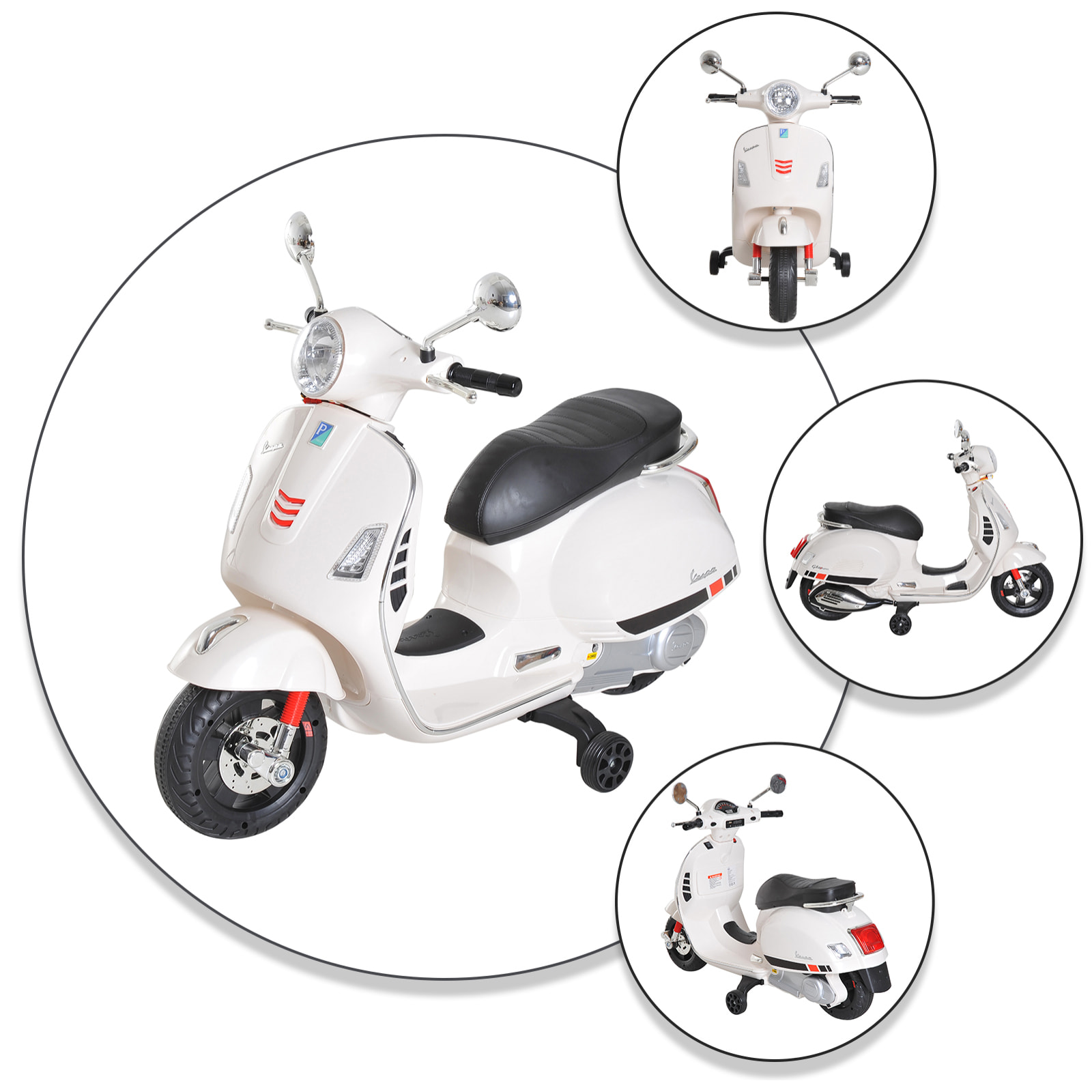 Scooter moto électrique enfants 6 V dim. 102L x 51l x 76H cm musique MP3 port USB klaxon phare feu AR blanc Vespa