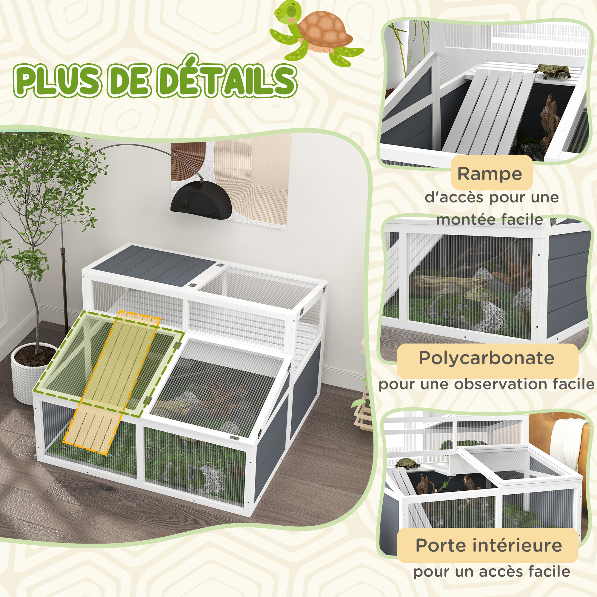 Terrarium enclos tortue 2 espaces toit polycarbonate 3 portes rampe bois gris blanc