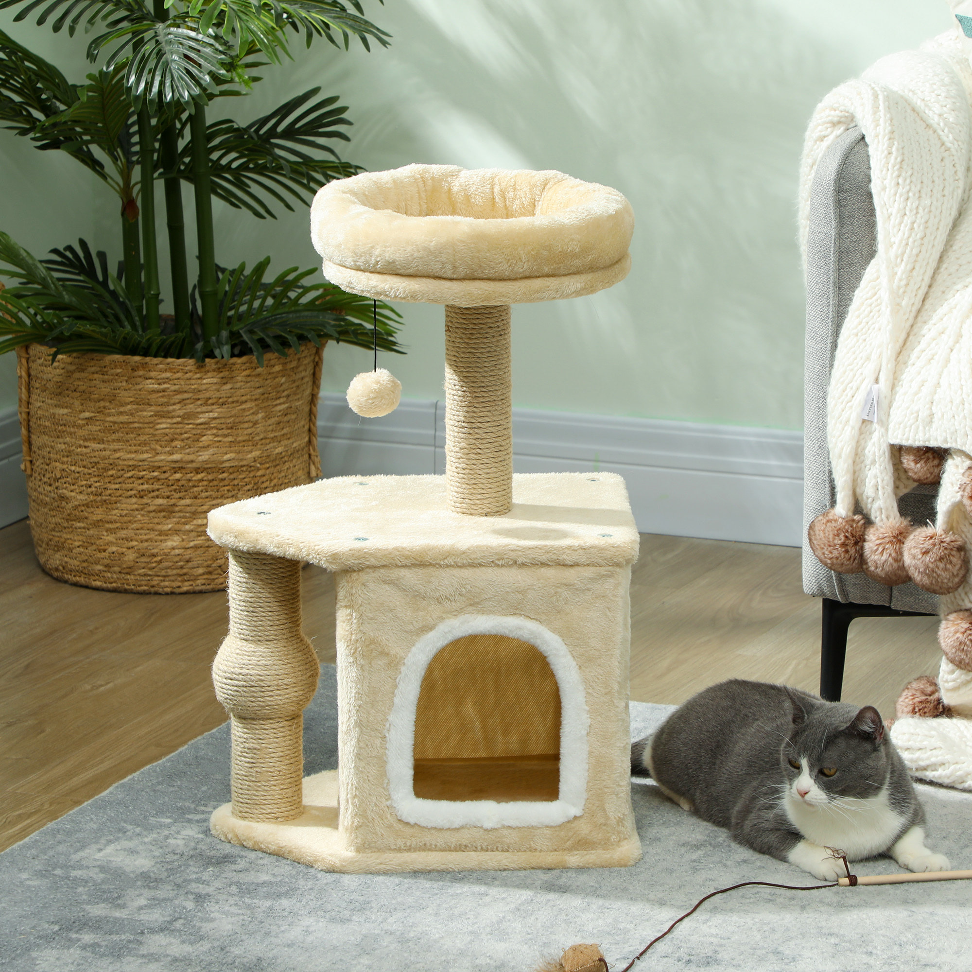 árbol Rascador para Gatos Altura 66 cm árbol para Gatos Torre para Gatos con Cama Cueva Plataforma Bola Colgante y Poste de Yute Beige