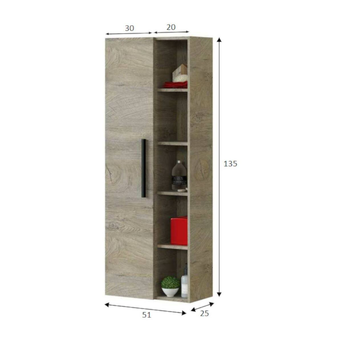 Colonna bagno LosAngeles, Mobile a colonna per bagno a 1 anta, Armadio pensile sospeso con 5 ripiani, cm 51x25h135, Rovere