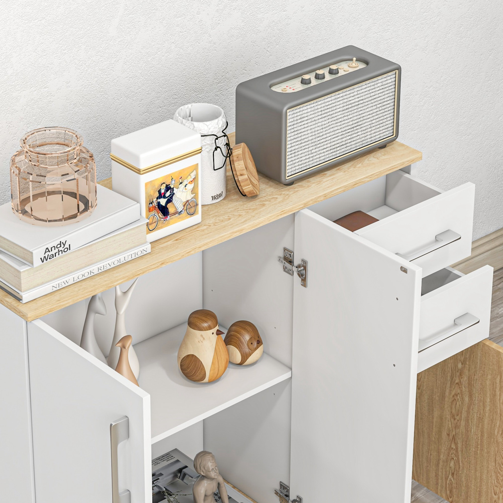 Buffet rangement 3 portes étagère 2 tiroirs coulissants panneaux aspect bois clair blanc